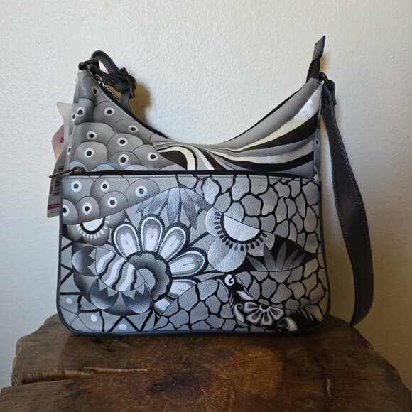 Anuschka Medium Hobo Hand Painted Leather Shoulder Bag Patchwork Pewter NWT - Picture 15 of 16